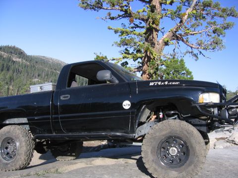 1989 Ford Bronco - Modified black pickup truck parked on rocks with a large tree and mountains in the background.