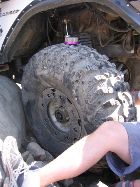 1989 Ford Bronco - A close-up of a 1989 Ford Bronco's large off-road tire and suspension system, a purple shock reservoir.