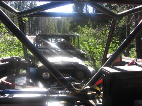 1989 Ford Bronco - Interior view of an off-road vehicle with a roll cage, showing the seats and surrounding greenery.