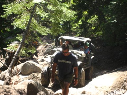 1989 Ford Bronco - Off-road vehicle traversing a challenging rocky path through a forest.