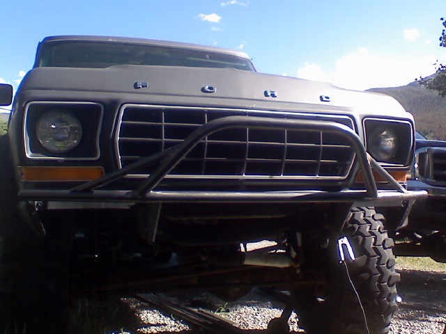 Front view of a 1978 Ford Bronco with a custom bumper and grille guard