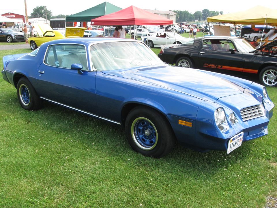 Blue 1979 Chevrolet Camaro Z28 coupe with chrome trim and a license plate