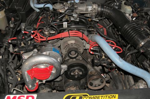 1985 Mercury Grand Marquis - Engine bay detail a turbocharger and MSD ignition components.