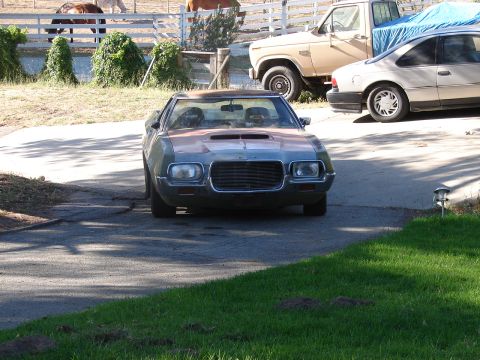 1973 Ford Ranchero - Front view of a 1970 Ford Ranchero with a hood scoop and distinctive grille. Other vehicles are parked behind it.