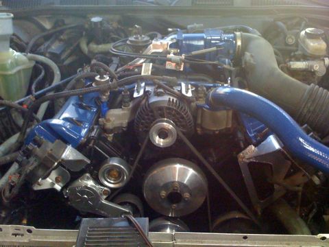 1996 Ford Crown Victoria - The engine bay shows a V8 engine with blue accents and various hoses and belts.