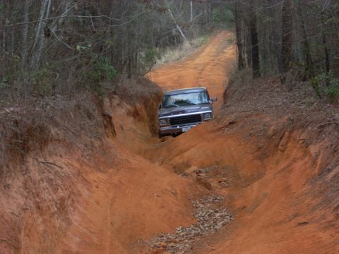 1996 Ford Bronco - A Ford F-Series truck navigates a challenging dirt path through a wooded area.