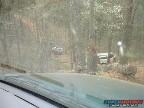 1996 Ford Bronco - SUVs driving off-road through a forest on a dirt path.