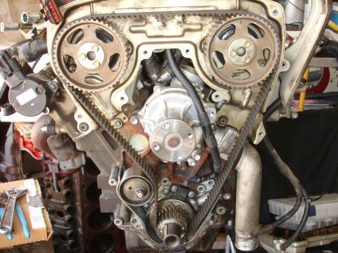 1992 Ford Taurus - Close-up view of an engine's timing belt and related components, showing the water pump and pulleys.