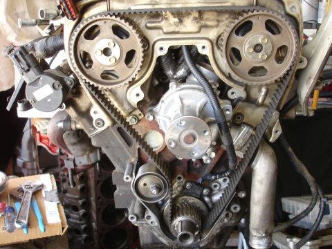 1992 Ford Taurus - Close-up view of an engine's internal components, including the timing belt and water pump.
