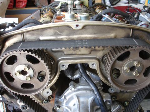 1992 Ford Taurus - Close-up view of an engine's timing belt and gears, with visible text on the belt.