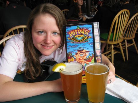 1985 Ford LTD Crown Victoria - A woman sits at a table with two beers and a menu from Lost Coast Brewery.