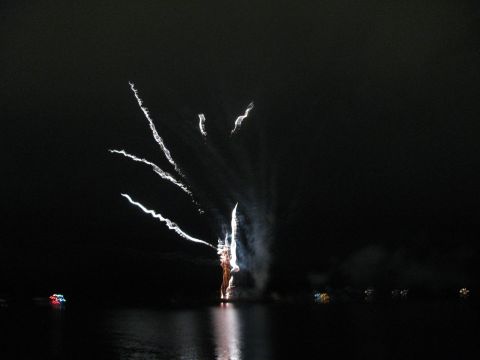1985 Ford LTD Crown Victoria - A nighttime scene captures fireworks illuminating the dark sky above a body of water, with faint lights reflecting on the surface.