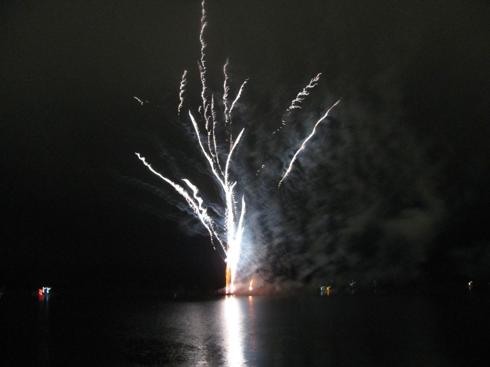 Fireworks explode over dark water with reflections