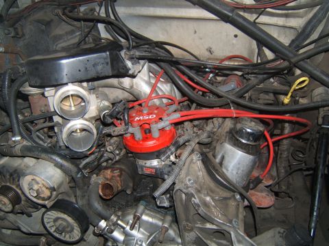 1988 Ford Bronco - Close-up of an engine bay, highlighting the MSD ignition system and throttle body components.