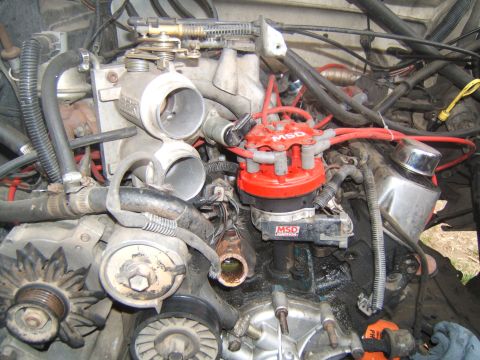 1988 Ford Bronco - Close-up view of an engine bay, showing aftermarket performance parts and wiring.