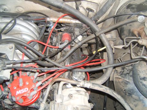1988 Ford Bronco - Close-up view of an engine bay, an MSD ignition distributor and a complex network of wires and hoses.