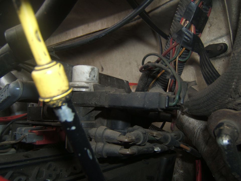 Engine wiring harness with yellow conduit and spark plug wires