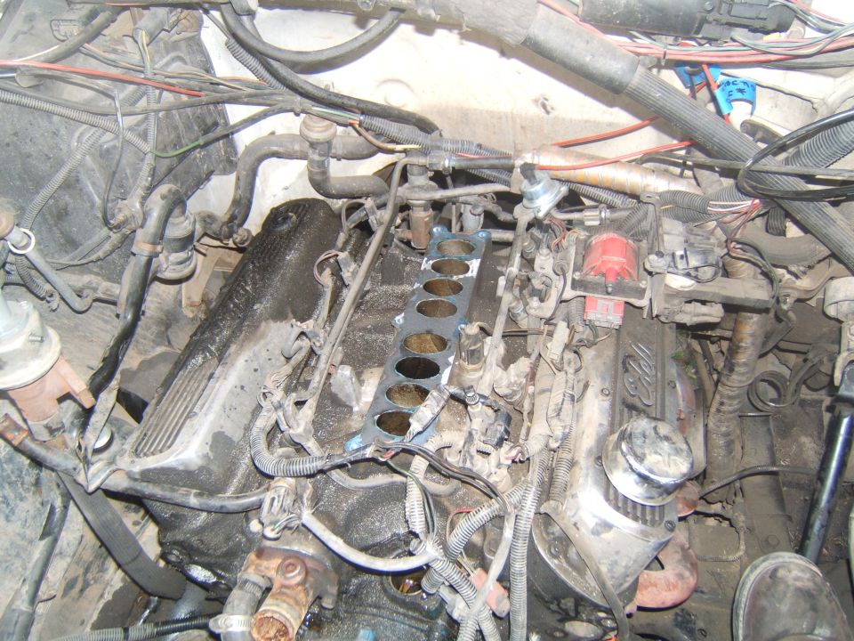 Engine bay with V8 engine and intake manifold removed