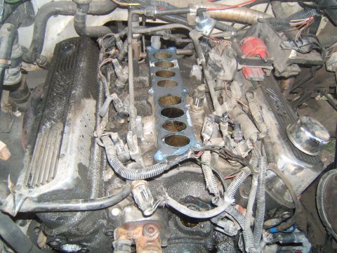 1988 Ford Bronco - Engine bay with intake manifold removed, revealing internal components and wiring.