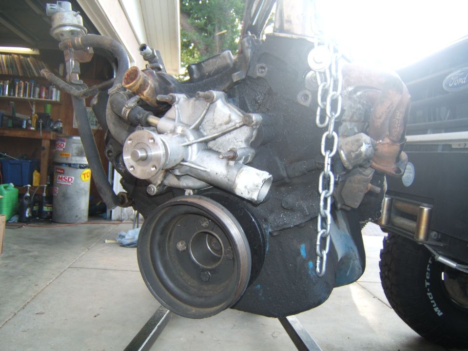 Engine block with water pump and pulley