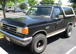 1990 Ford Bronco - A black Ford Bronco is parked in a lot, showing its front and side profile with a roof rack.
