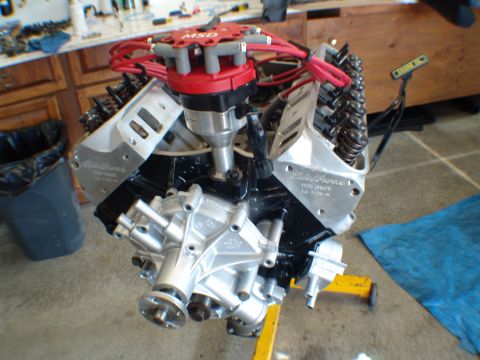 1996 Ford Bronco - V8 engine assembly on a stand, an MSD ignition distributor and aluminum components.