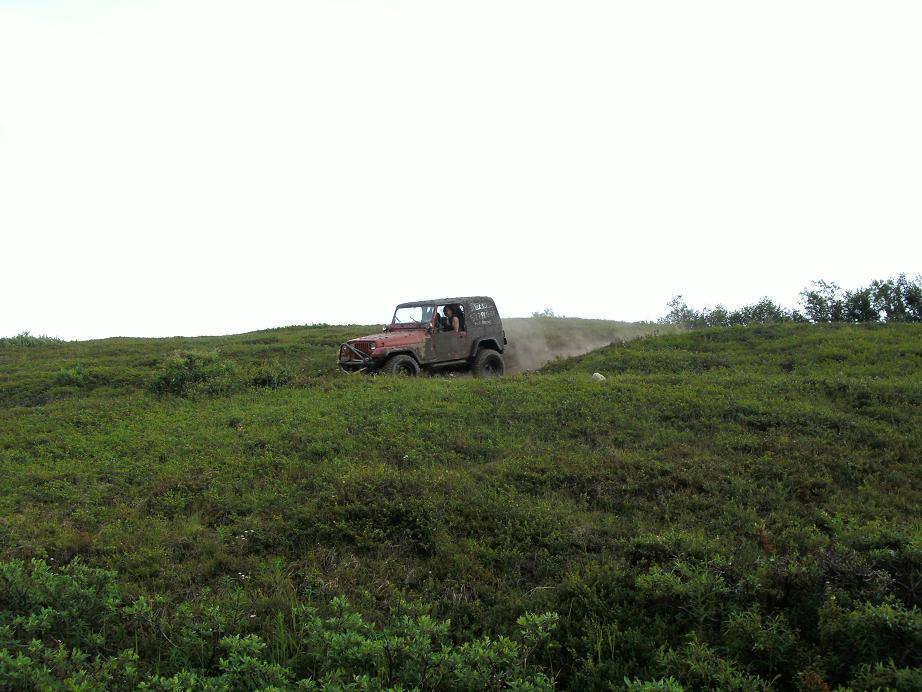 Red off-road vehicle kicking up dust while driving up a grassy hill