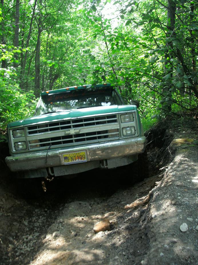 Green pickup truck with a yellow license plate stuck in a ditch in the woods
