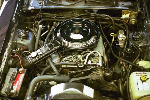 1985 Mercury Cougar - The engine bay of a 1985 Mercury Cougar features a 5.0 Liter EFI air cleaner and various engine components.