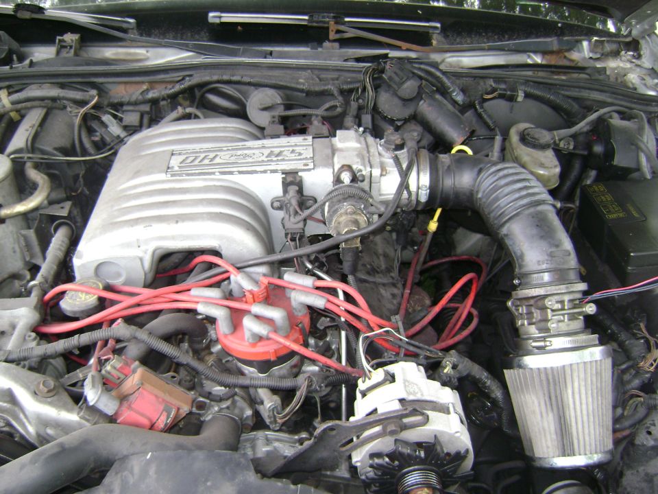 Engine bay with a large silver intake manifold and red spark plug wires