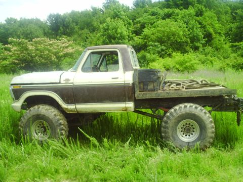 1990 Ford Bronco - This lifted Ford F-Series truck features a flatbed and is parked in a grassy field.