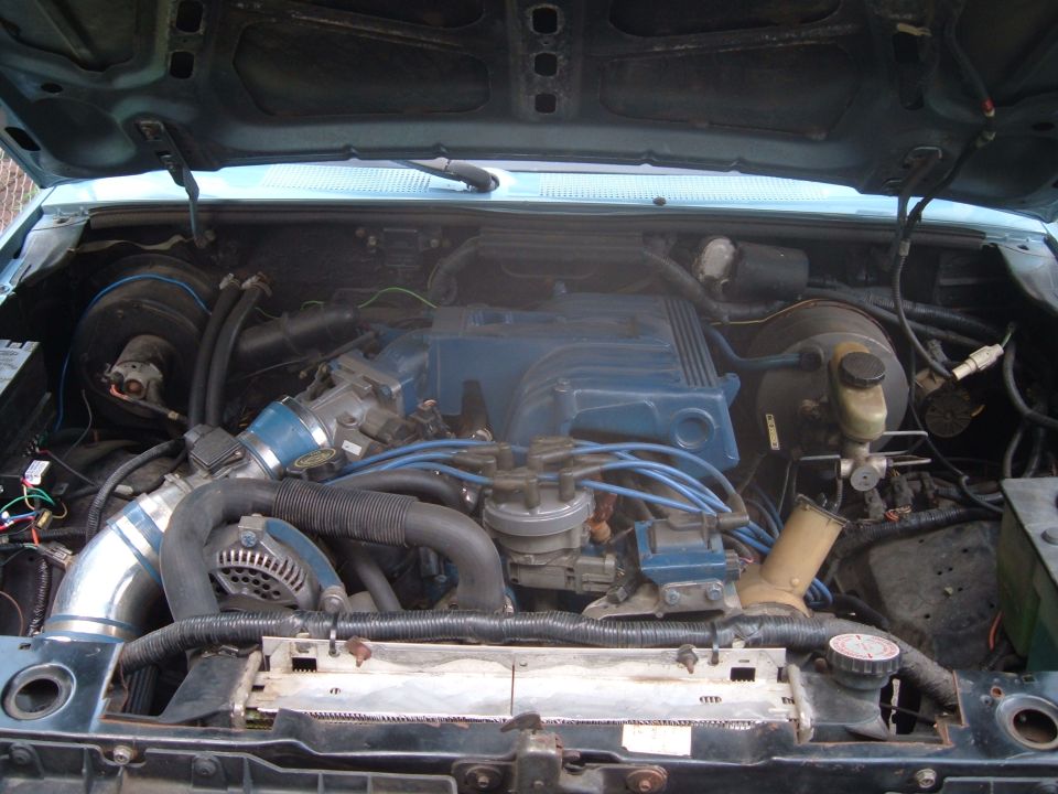 Engine bay with blue intake manifold and various hoses and wires. Supermotors.net logo visible