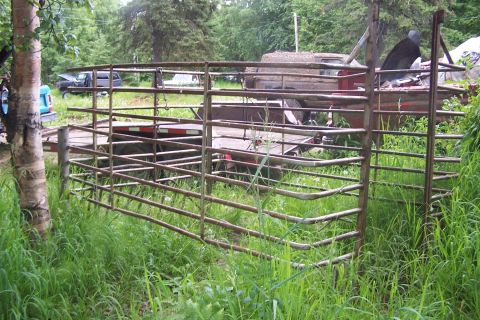 1987 Ford Bronco II - A truck and trailer are partially visible behind a metal gate in a rural setting.