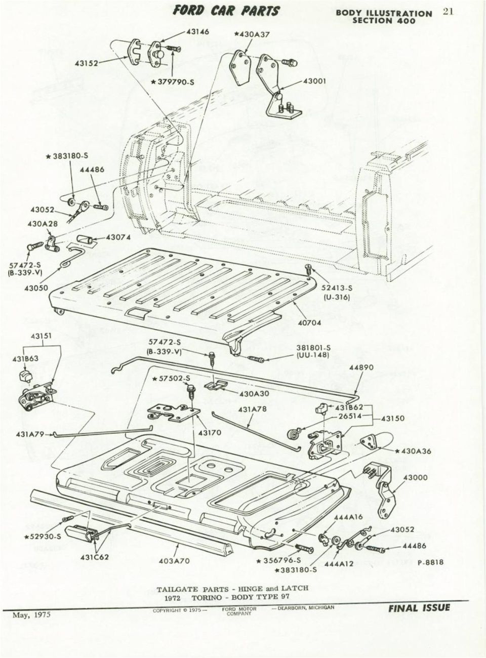 Ford parts catalog diagram of 1972 Torino tailgate hinge and latch
