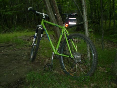 1981 Garelli Rally Sport - A green mountain bike is parked on a dirt path next to a tree in a forest.