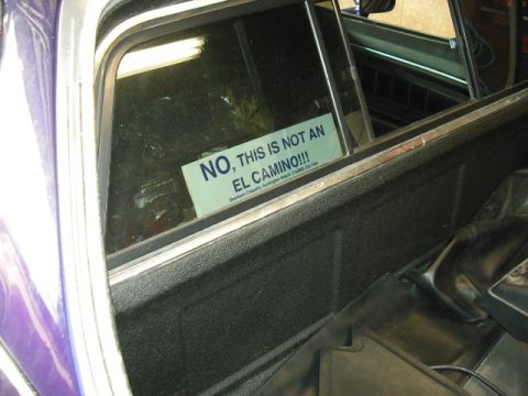 1974 Ford Ranchero - A sticker inside a vehicle explicitly denies it is an El Camino, despite potential visual similarities.