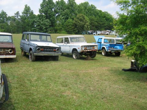 1992 Ford Mustang - Multiple Ford Broncos are parked in a grassy field under a partly cloudy sky.