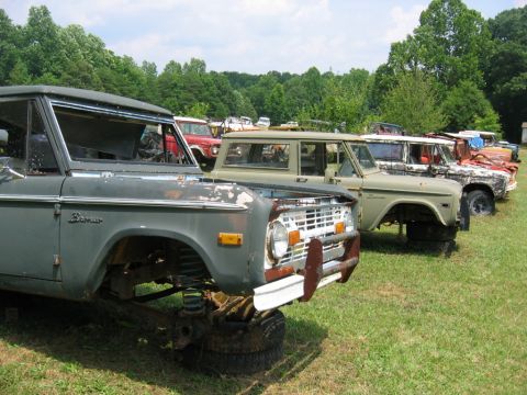 1992 Ford Mustang - A line of weathered Ford Broncos sits in a grassy junkyard under a cloudy sky.