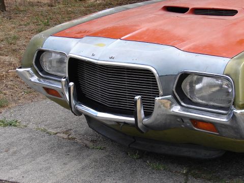 1973 Ford Ranchero - The distinctive grille and hood scoop are visible on the front of this 1973 Ford Ranchero.