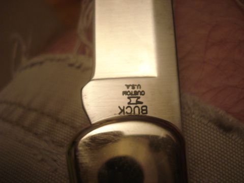 2000 Ford Crown Victoria - Close-up of a Buck Custom USA knife blade, showing the anvil logo and text.