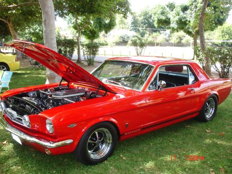 1978 Ford Mustang II - A bright red classic coupe is parked on grass with its hood open, revealing the engine bay.