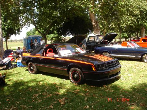 1978 Ford Mustang II - A black and orange striped coupe with a red interior and Cobra badging is parked on a grassy lawn at an outdoor event.