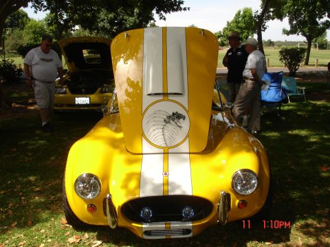 1978 Ford Mustang II - A yellow Cobra replica with white racing stripes and a cobra emblem on the hood is displayed at an outdoor car show.