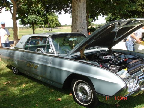 1978 Ford Mustang II - A light blue 1961 Ford Thunderbird coupe is displayed outdoors with its hood open, revealing the engine compartment.