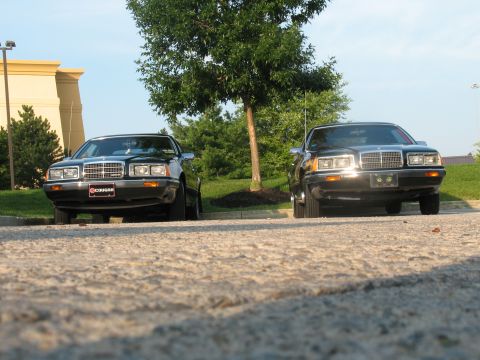 1985 Mercury Cougar - Two 1985 Mercury Cougars are parked side-by-side, viewed from a low angle in front of a tree and building.