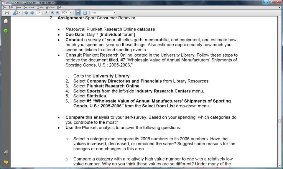 Screenshot of a document detailing an assignment on sport consumer behavior and research steps