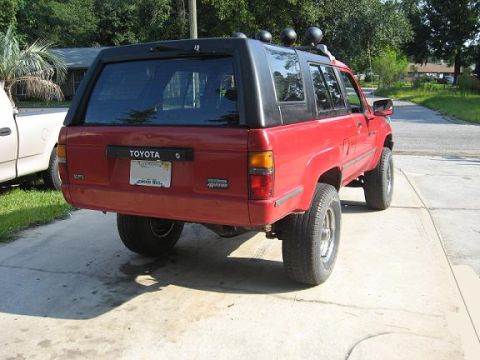 1987 Toyota 4Runner - The rear view of a red 1987 Toyota 4Runner shows its taillights and 'TOYOTA' badging.