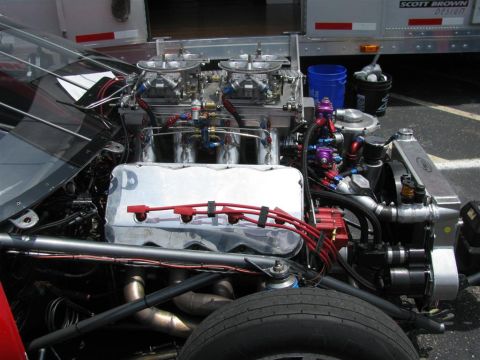 2003 Mercury Marauder - Close-up of a high-performance racing engine, dual carburetors and custom plumbing.
