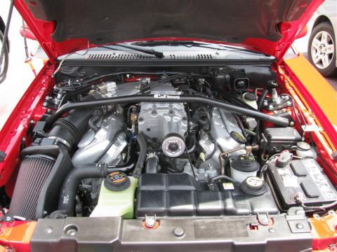 2003 Mercury Marauder - Engine bay with a prominent supercharger and Ford branding on the intake manifold.