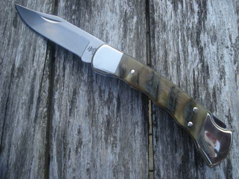 2000 Ford Crown Victoria - A Buck folding knife with a polished steel blade and a distinctive horn handle is displayed on a weathered wooden surface.